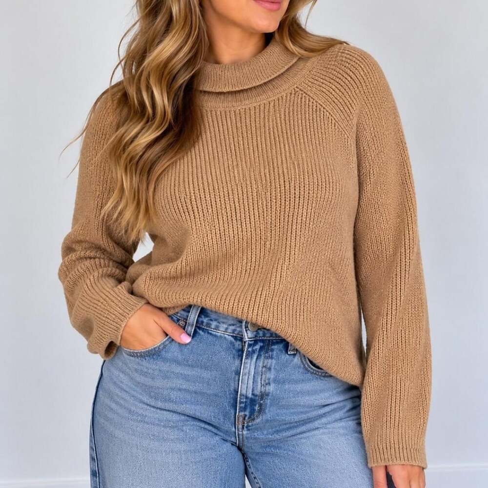 🤎 Talbots Tan Ribbed Mock Neck Sweater – Size L